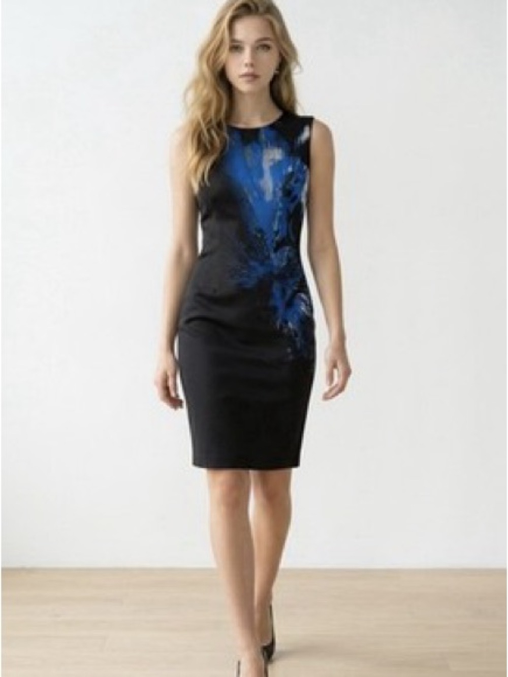 Elie Tahari Black & Blue Floral Scuba Sheath Dress (Size US 8)